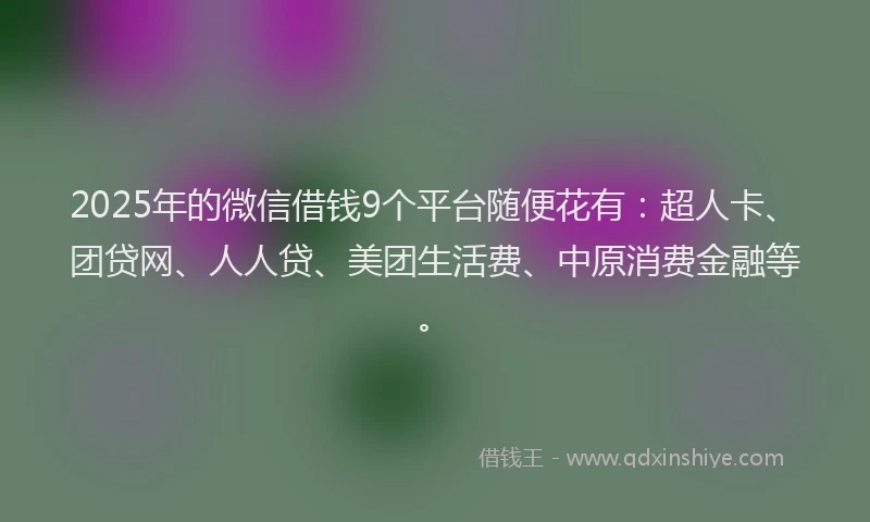 2025年的微信借钱9个平台随便花有：超人卡、团贷网、人人贷、美团生活费、中原消费金融等。