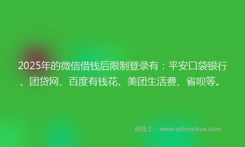 2025年的微信借钱后限制登录有：平安口袋银行、团贷网、百度有钱花、美团生活费、省呗等。