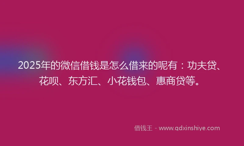2025年的微信借钱是怎么借来的呢有：功夫贷、花呗、东方汇、小花钱包、惠商贷等。