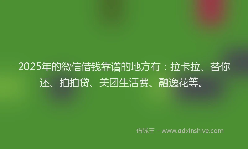 2025年的微信借钱靠谱的地方有：拉卡拉、替你还、拍拍贷、美团生活费、融逸花等。