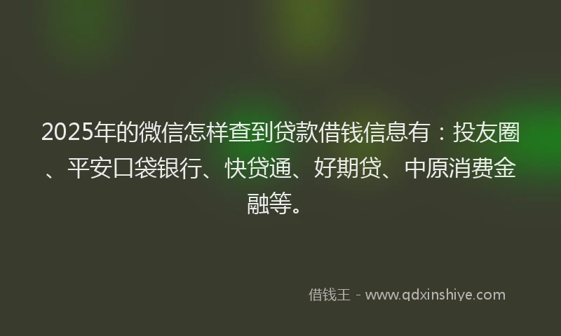 2025年的微信怎样查到贷款借钱信息有：投友圈、平安口袋银行、快贷通、好期贷、中原消费金融等。