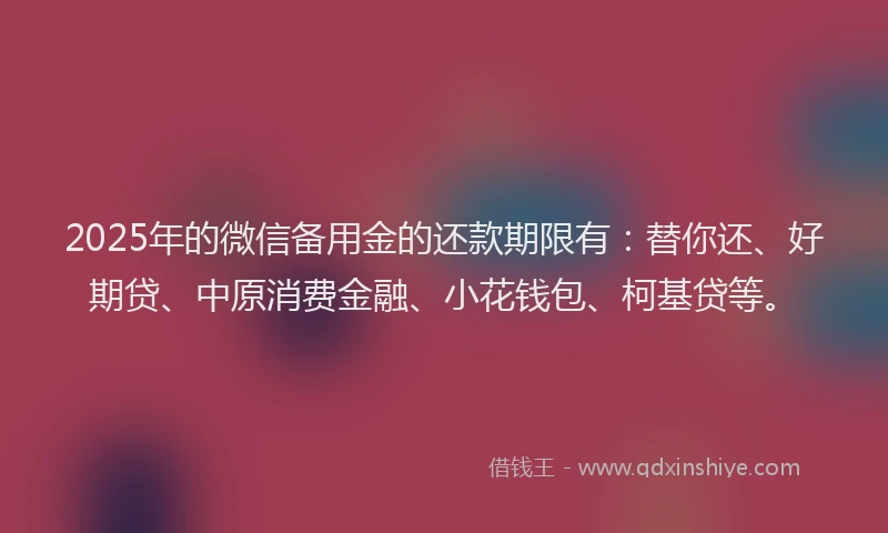 2025年的微信备用金的还款期限有：替你还、好期贷、中原消费金融、小花钱包、柯基贷等。