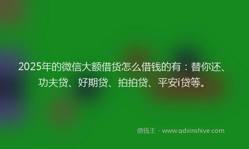 2025年的微信大额借货怎么借钱的有：替你还、功夫贷、好期贷、拍拍贷、平安i贷等。