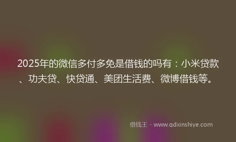 2025年的微信多付多免是借钱的吗有：小米贷款、功夫贷、快贷通、美团生活费、微博借钱等。