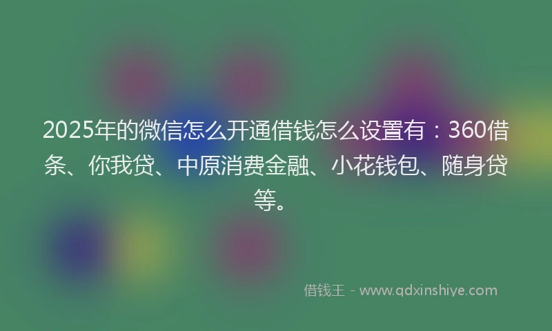 2025年的微信怎么开通借钱怎么设置有：360借条、你我贷、中原消费金融、小花钱包、随身贷等。