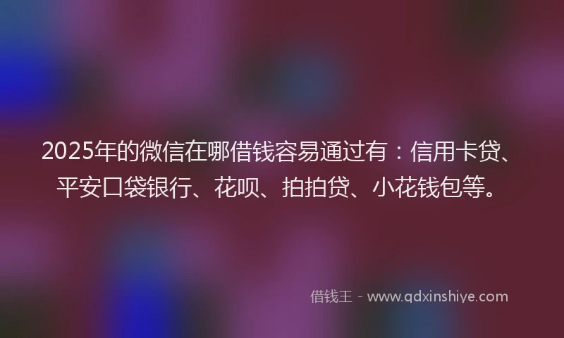 2025年的微信在哪借钱容易通过有：信用卡贷、平安口袋银行、花呗、拍拍贷、小花钱包等。