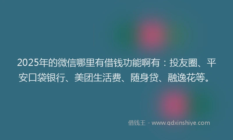 2025年的微信哪里有借钱功能啊有：投友圈、平安口袋银行、美团生活费、随身贷、融逸花等。