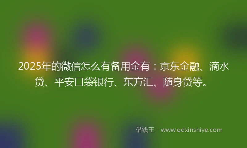 2025年的微信怎么有备用金有：京东金融、滴水贷、平安口袋银行、东方汇、随身贷等。