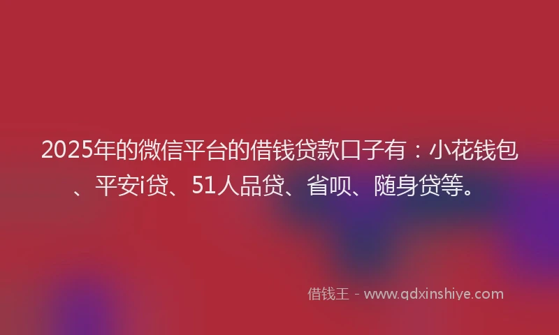 2025年的微信平台的借钱贷款口子有：小花钱包、平安i贷、51人品贷、省呗、随身贷等。