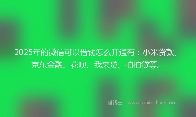 2025年的微信可以借钱怎么开通有：小米贷款、京东金融、花呗、我来贷、拍拍贷等。