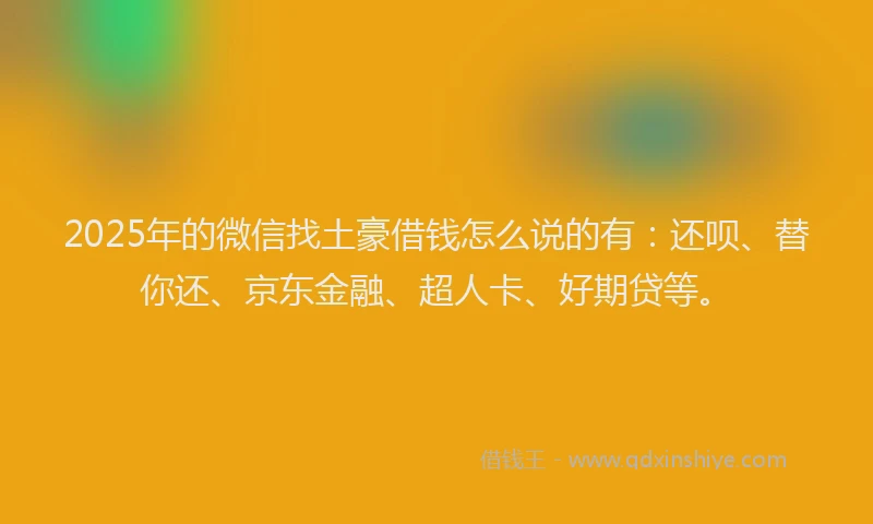 2025年的微信找土豪借钱怎么说的有：还呗、替你还、京东金融、超人卡、好期贷等。