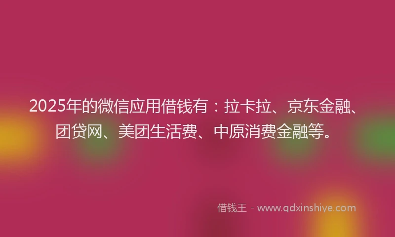 2025年的微信应用借钱有：拉卡拉、京东金融、团贷网、美团生活费、中原消费金融等。