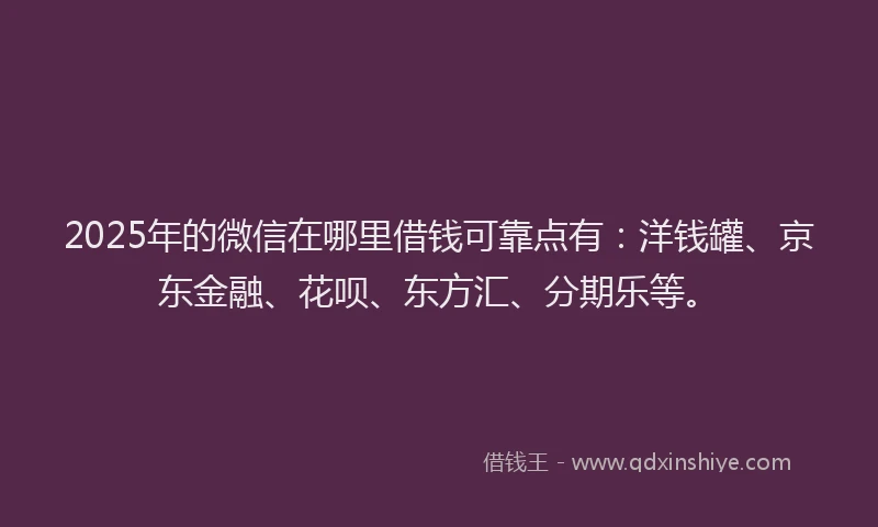 2025年的微信在哪里借钱可靠点有：洋钱罐、京东金融、花呗、东方汇、分期乐等。