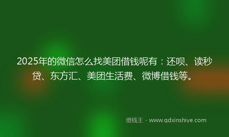 2025年的微信怎么找美团借钱呢有：还呗、读秒贷、东方汇、美团生活费、微博借钱等。