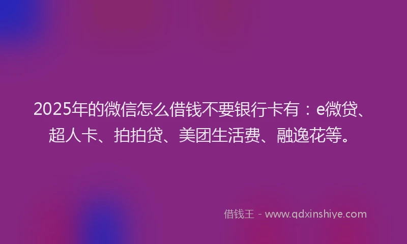 2025年的微信怎么借钱不要银行卡有：e微贷、超人卡、拍拍贷、美团生活费、融逸花等。
