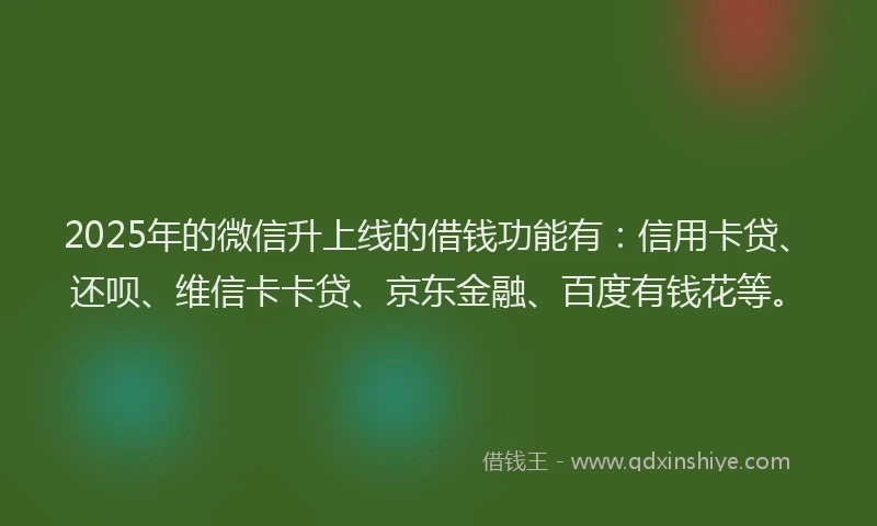 2025年的微信升上线的借钱功能有：信用卡贷、还呗、维信卡卡贷、京东金融、百度有钱花等。