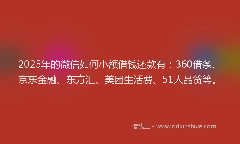 2025年的微信如何小额借钱还款有：360借条、京东金融、东方汇、美团生活费、51人品贷等。