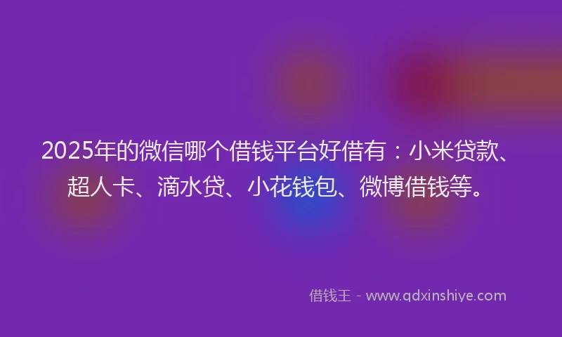 2025年的微信哪个借钱平台好借有：小米贷款、超人卡、滴水贷、小花钱包、微博借钱等。