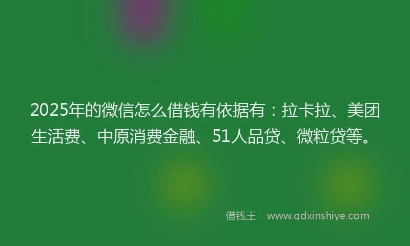 2025年的微信怎么借钱有依据有：拉卡拉、美团生活费、中原消费金融、51人品贷、微粒贷等。