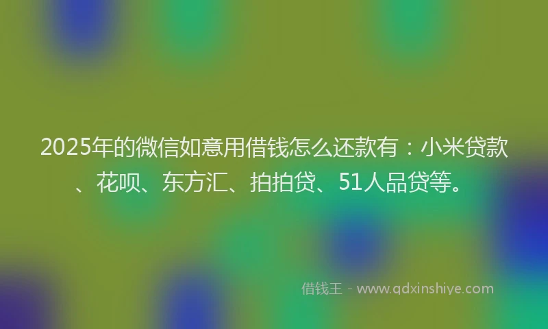 2025年的微信如意用借钱怎么还款有：小米贷款、花呗、东方汇、拍拍贷、51人品贷等。