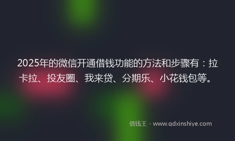 2025年的微信开通借钱功能的方法和步骤有：拉卡拉、投友圈、我来贷、分期乐、小花钱包等。
