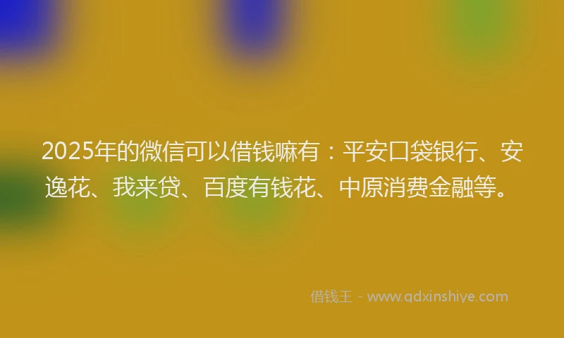 2025年的微信可以借钱嘛有：平安口袋银行、安逸花、我来贷、百度有钱花、中原消费金融等。