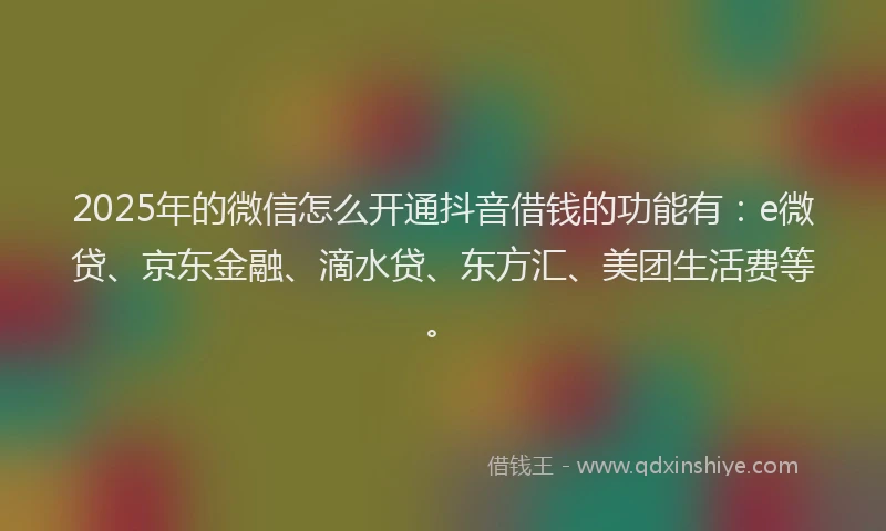 2025年的微信怎么开通抖音借钱的功能有：e微贷、京东金融、滴水贷、东方汇、美团生活费等。