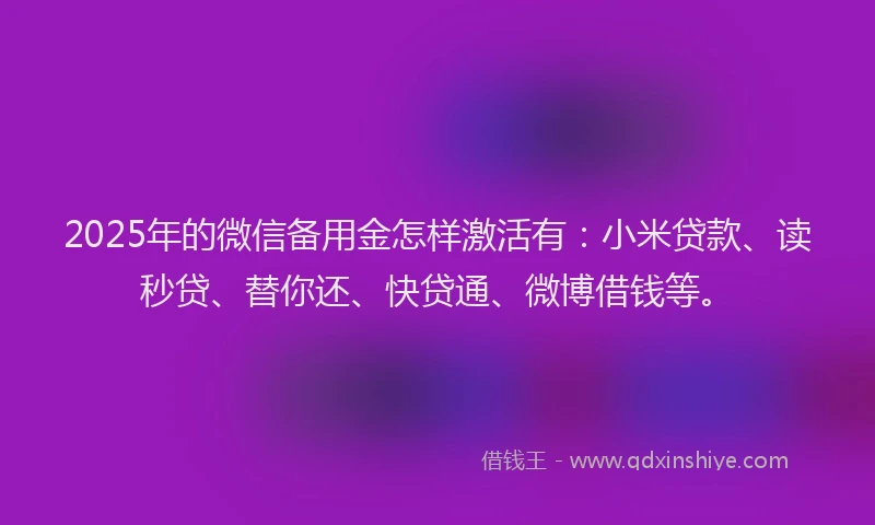 2025年的微信备用金怎样激活有：小米贷款、读秒贷、替你还、快贷通、微博借钱等。