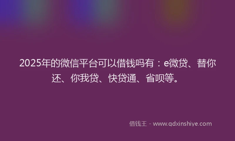 2025年的微信平台可以借钱吗有：e微贷、替你还、你我贷、快贷通、省呗等。