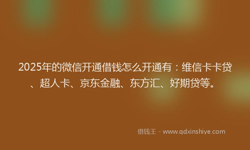 2025年的微信开通借钱怎么开通有：维信卡卡贷、超人卡、京东金融、东方汇、好期贷等。