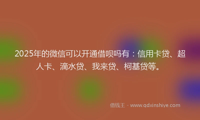 2025年的微信可以开通借呗吗有：信用卡贷、超人卡、滴水贷、我来贷、柯基贷等。