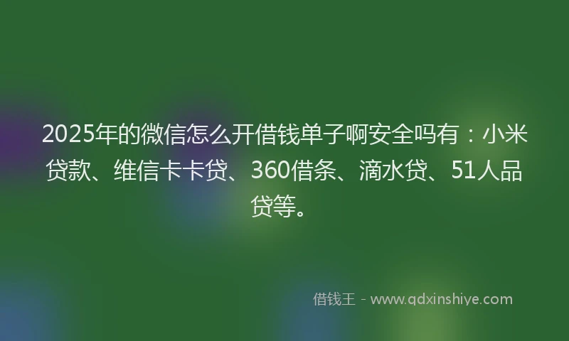 2025年的微信怎么开借钱单子啊安全吗有：小米贷款、维信卡卡贷、360借条、滴水贷、51人品贷等。