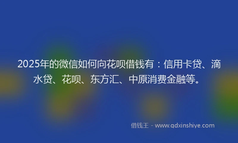 2025年的微信如何向花呗借钱有:信用卡贷、滴水贷、花呗、东方汇、中原消费金融等。