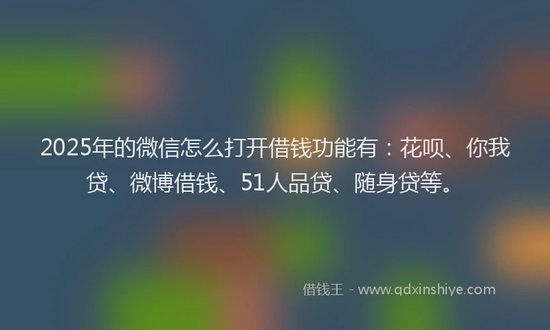 2025年的微信怎么打开借钱功能有：花呗、你我贷、微博借钱、51人品贷、随身贷等。