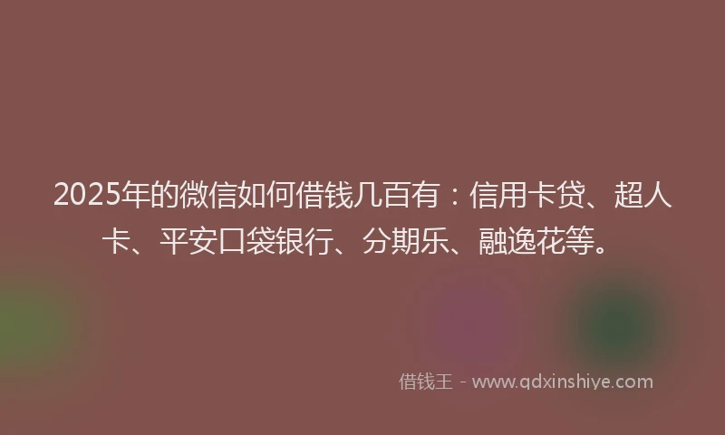 2025年的微信如何借钱几百有：信用卡贷、超人卡、平安口袋银行、分期乐、融逸花等。