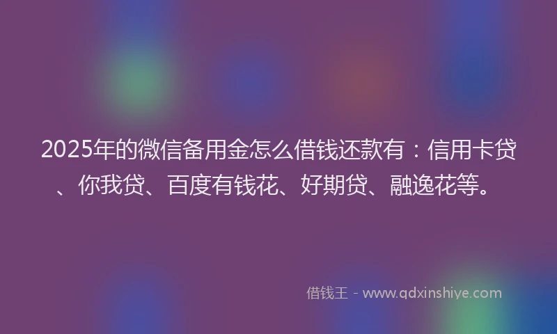 2025年的微信备用金怎么借钱还款有：信用卡贷、你我贷、百度有钱花、好期贷、融逸花等。
