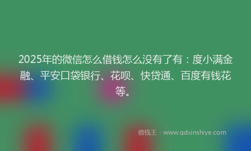 2025年的微信怎么借钱怎么没有了有：度小满金融、平安口袋银行、花呗、快贷通、百度有钱花等。