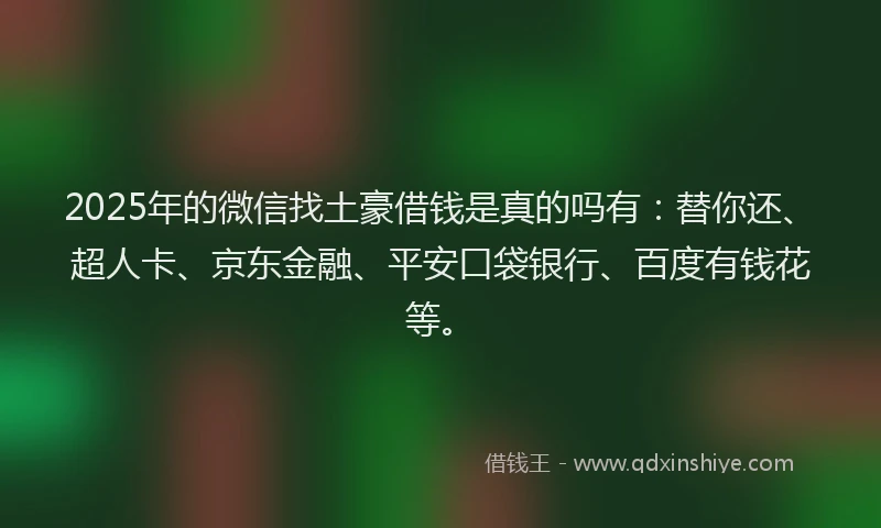 2025年的微信找土豪借钱是真的吗有：替你还、超人卡、京东金融、平安口袋银行、百度有钱花等。
