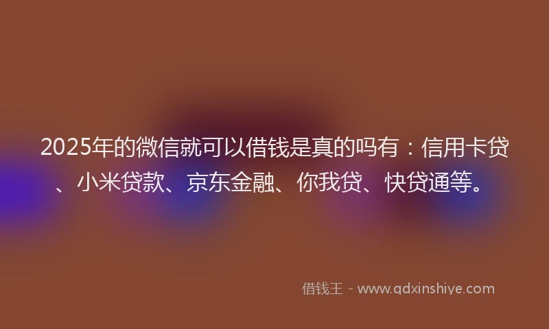 2025年的微信就可以借钱是真的吗有：信用卡贷、小米贷款、京东金融、你我贷、快贷通等。