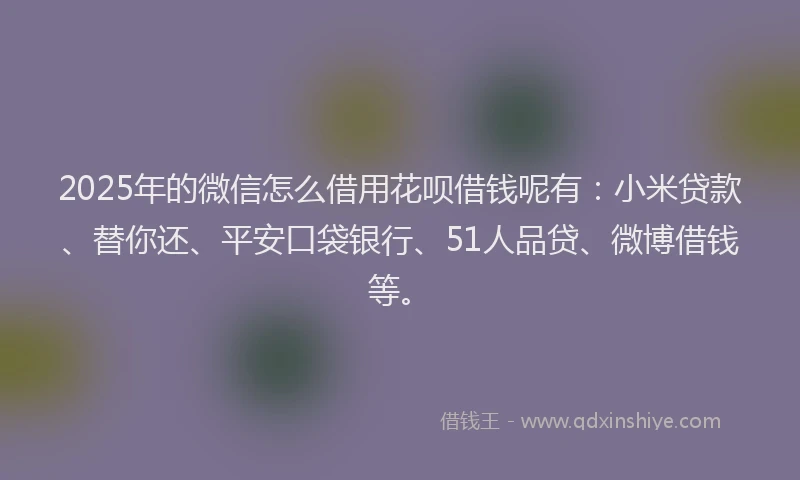 2025年的微信怎么借用花呗借钱呢有：小米贷款、替你还、平安口袋银行、51人品贷、微博借钱等。