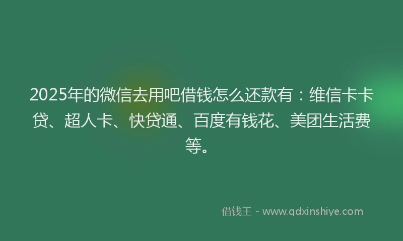 2025年的微信去用吧借钱怎么还款有：维信卡卡贷、超人卡、快贷通、百度有钱花、美团生活费等。