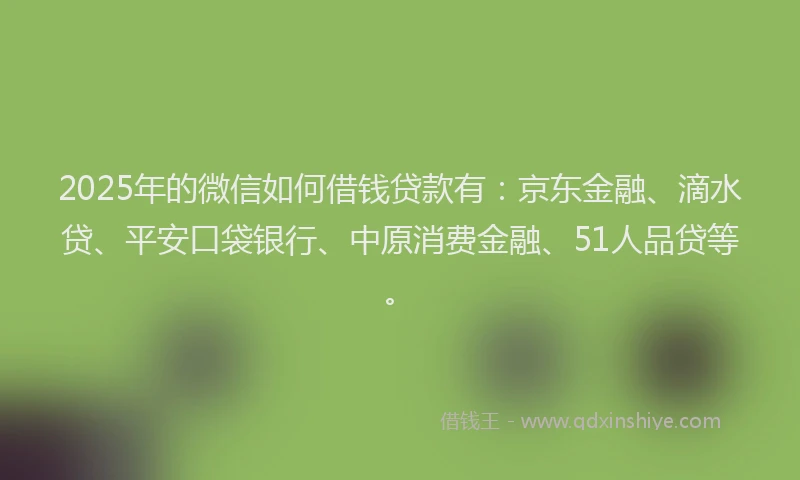 2025年的微信如何借钱贷款有：京东金融、滴水贷、平安口袋银行、中原消费金融、51人品贷等。