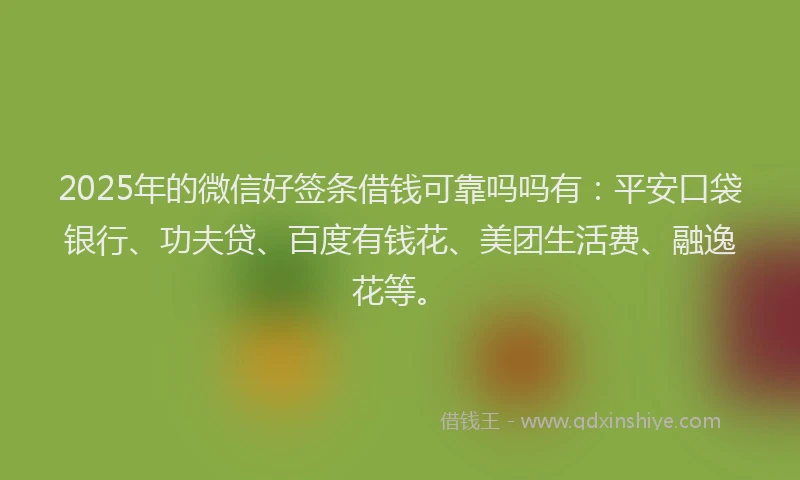 2025年的微信好签条借钱可靠吗吗有：平安口袋银行、功夫贷、百度有钱花、美团生活费、融逸花等。