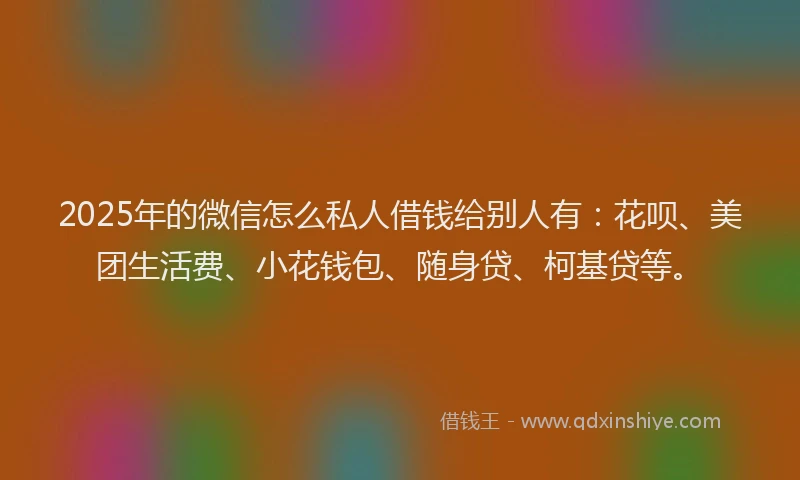 2025年的微信怎么私人借钱给别人有：花呗、美团生活费、小花钱包、随身贷、柯基贷等。