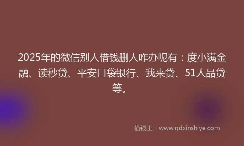 2025年的微信别人借钱删人咋办呢有：度小满金融、读秒贷、平安口袋银行、我来贷、51人品贷等。