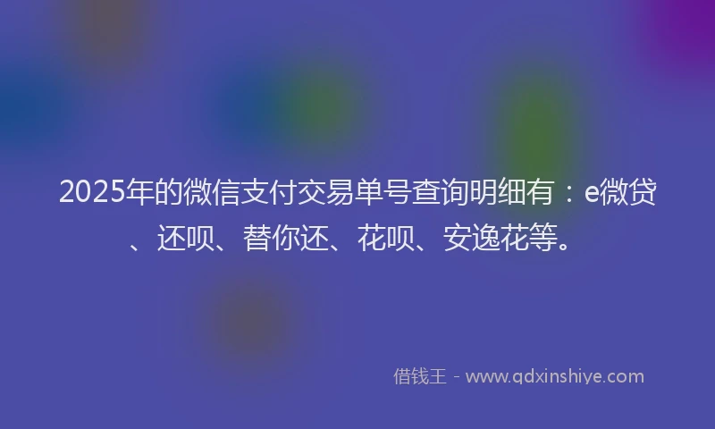2025年的微信支付交易单号查询明细有：e微贷、还呗、替你还、花呗、安逸花等。