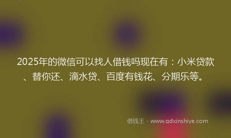 2025年的微信可以找人借钱吗现在有：小米贷款、替你还、滴水贷、百度有钱花、分期乐等。