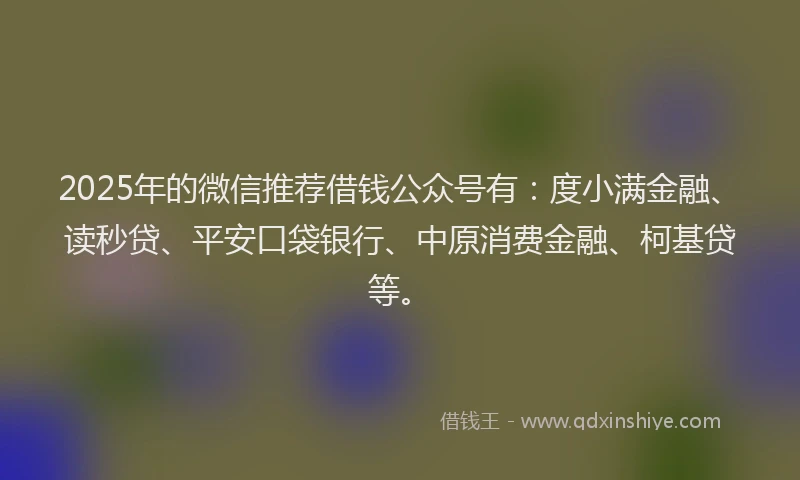2025年的微信推荐借钱公众号有：度小满金融、读秒贷、平安口袋银行、中原消费金融、柯基贷等。