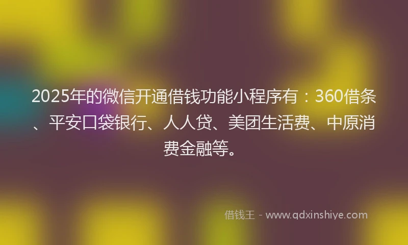 2025年的微信开通借钱功能小程序有：360借条、平安口袋银行、人人贷、美团生活费、中原消费金融等。