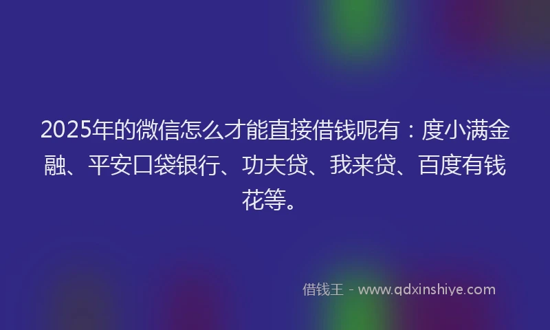 2025年的微信怎么才能直接借钱呢有：度小满金融、平安口袋银行、功夫贷、我来贷、百度有钱花等。